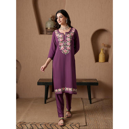 QAZMI Purple Floral Aari Embroidered Viscose Rayon Co-Ord Set