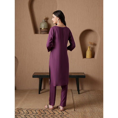 QAZMI Purple Floral Aari Embroidered Viscose Rayon Co-Ord Set