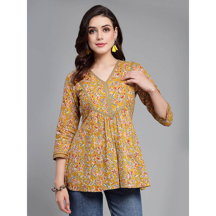 QOMN Tuscany Yellow Floral Printed V-Neck Top