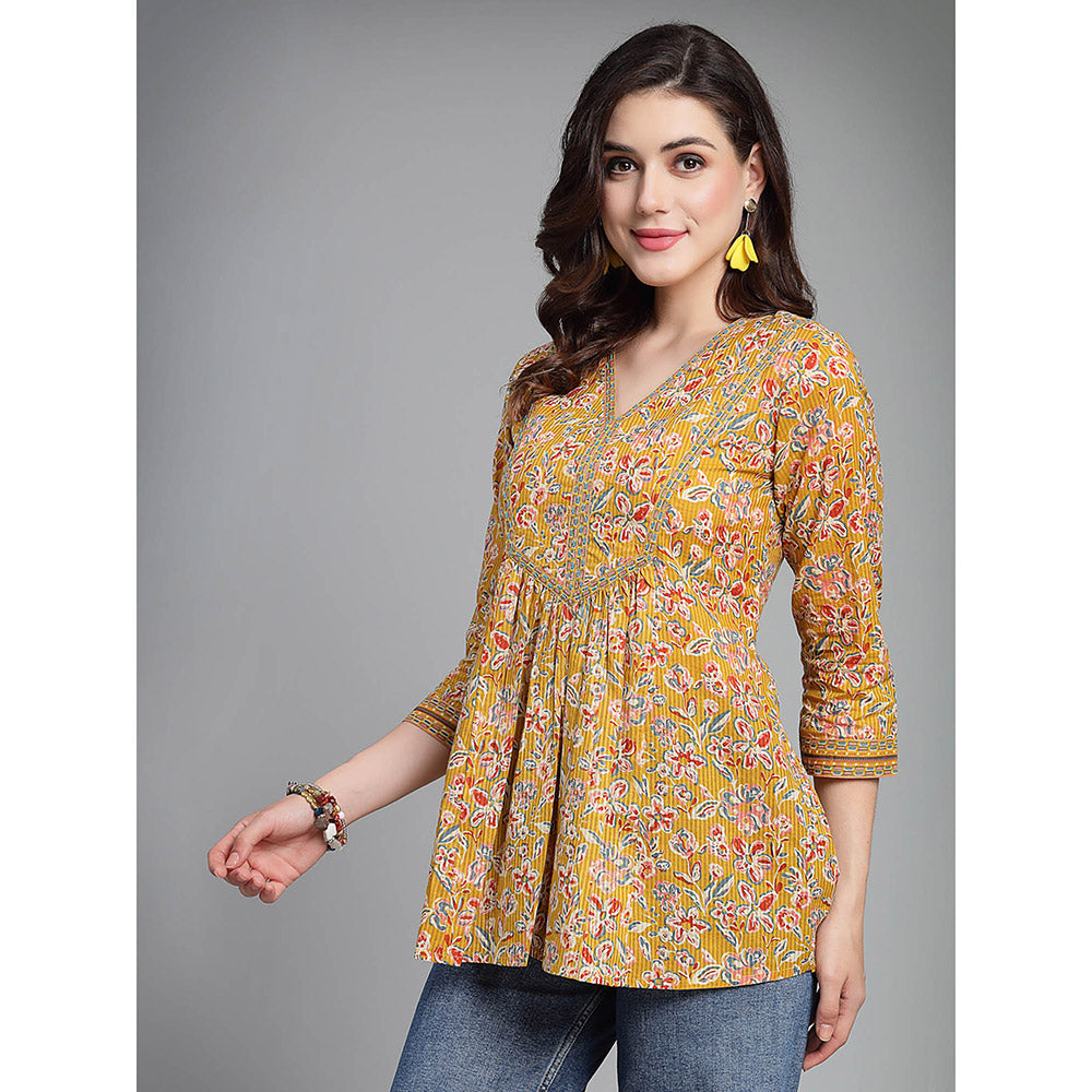 QOMN Tuscany Yellow Floral Printed V-Neck Top