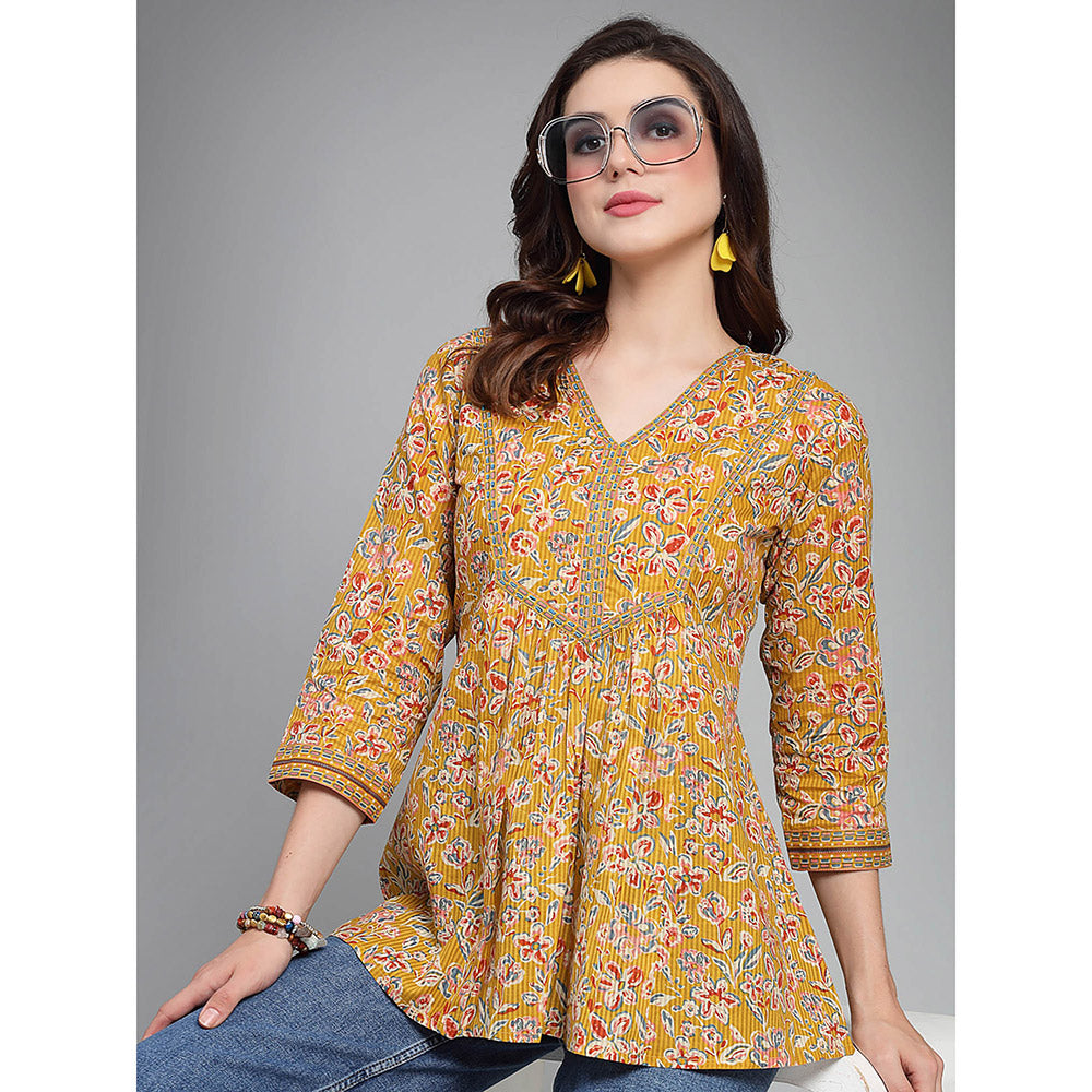 QOMN Tuscany Yellow Floral Printed V-Neck Top