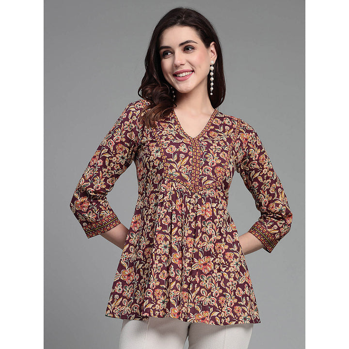 QOMN Wine Floral Printed V-Neck Top