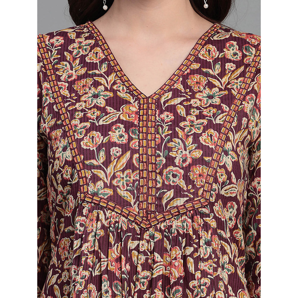 QOMN Wine Floral Printed V-Neck Top