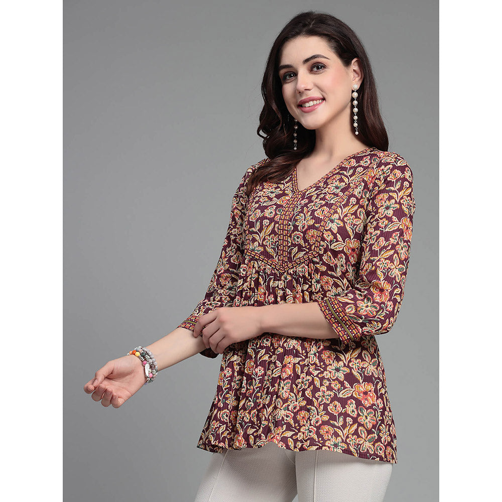 QOMN Wine Floral Printed V-Neck Top