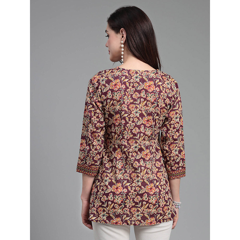 QOMN Wine Floral Printed V-Neck Top