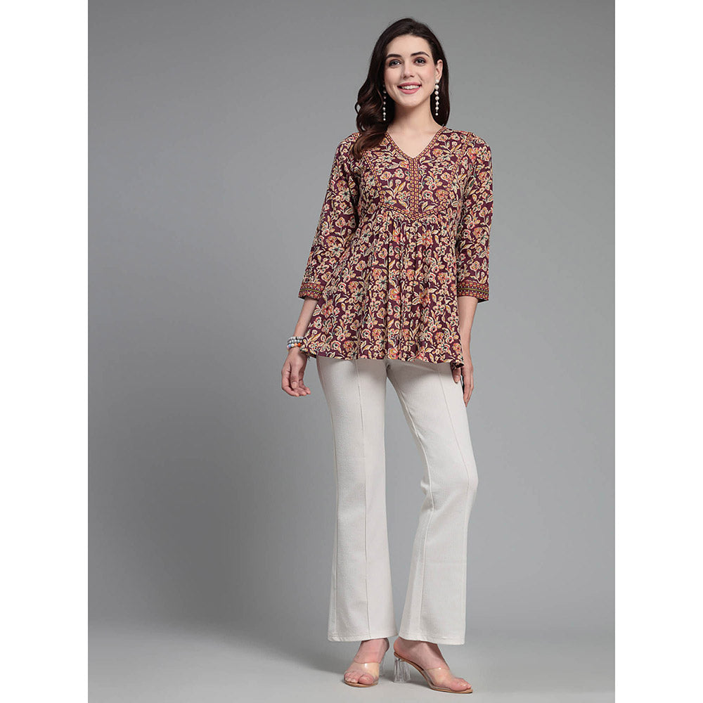 QOMN Wine Floral Printed V-Neck Top