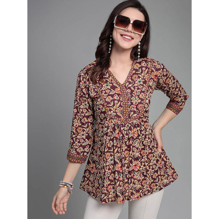 QOMN Wine Floral Printed V-Neck Top