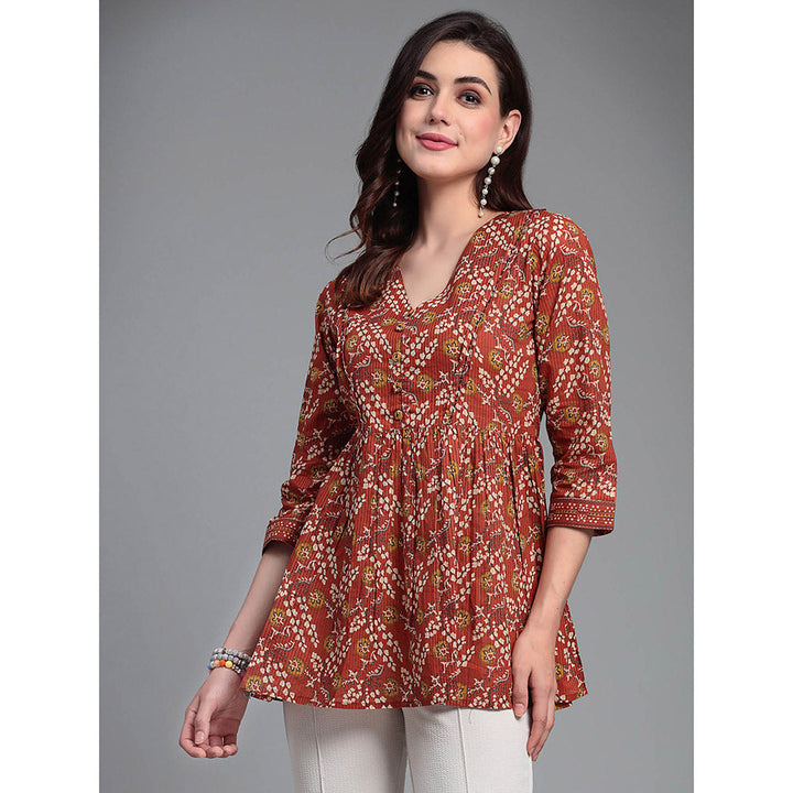 QOMN Burnt Rust Floral Printed Top with Gathers