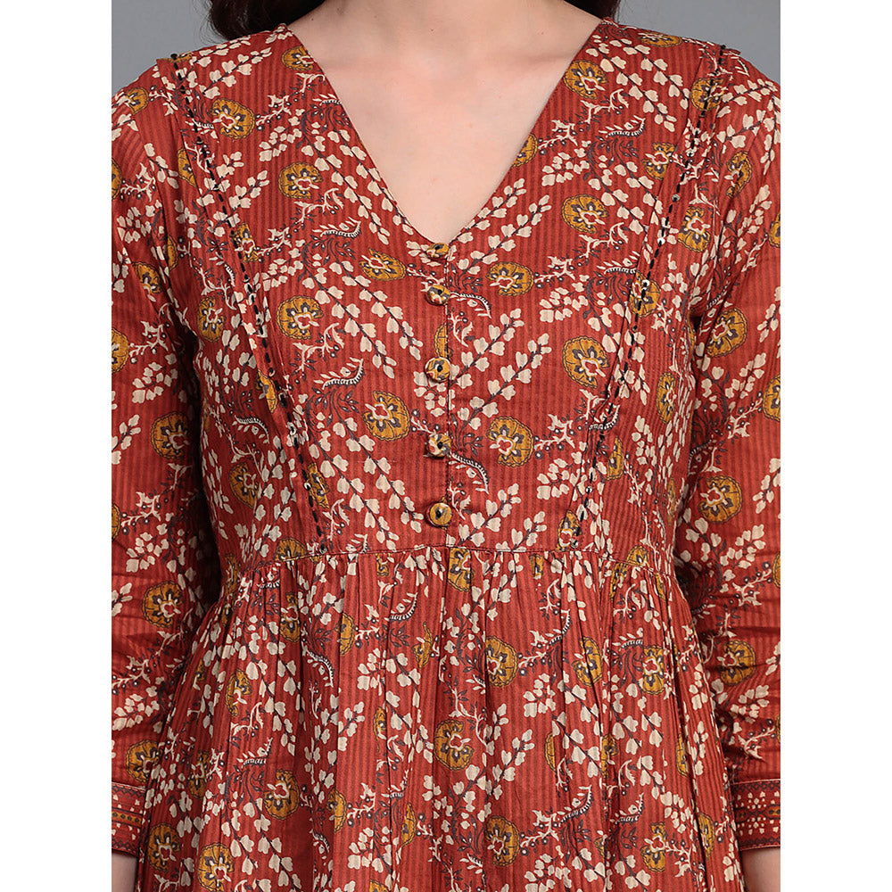 QOMN Burnt Rust Floral Printed Top with Gathers