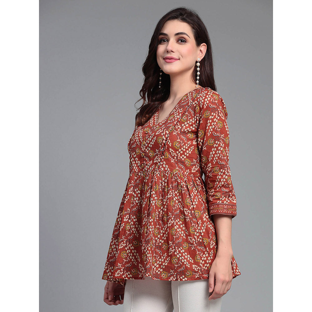 QOMN Burnt Rust Floral Printed Top with Gathers