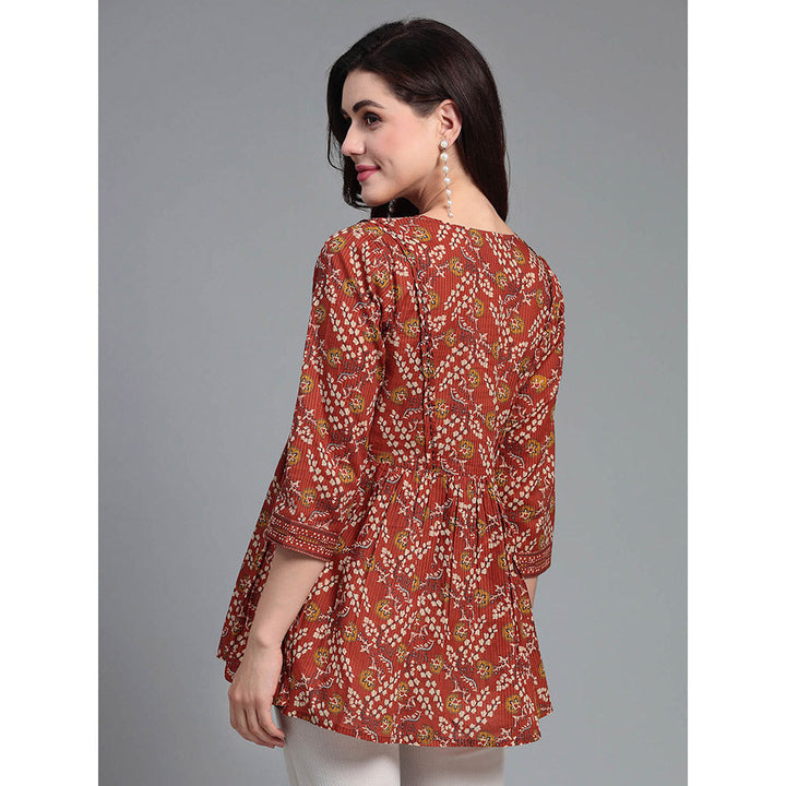 QOMN Burnt Rust Floral Printed Top with Gathers