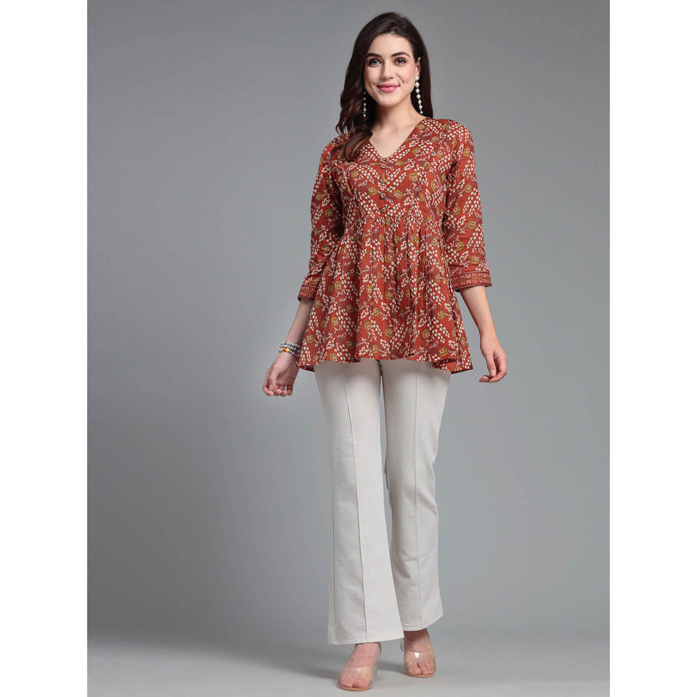 QOMN Burnt Rust Floral Printed Top with Gathers