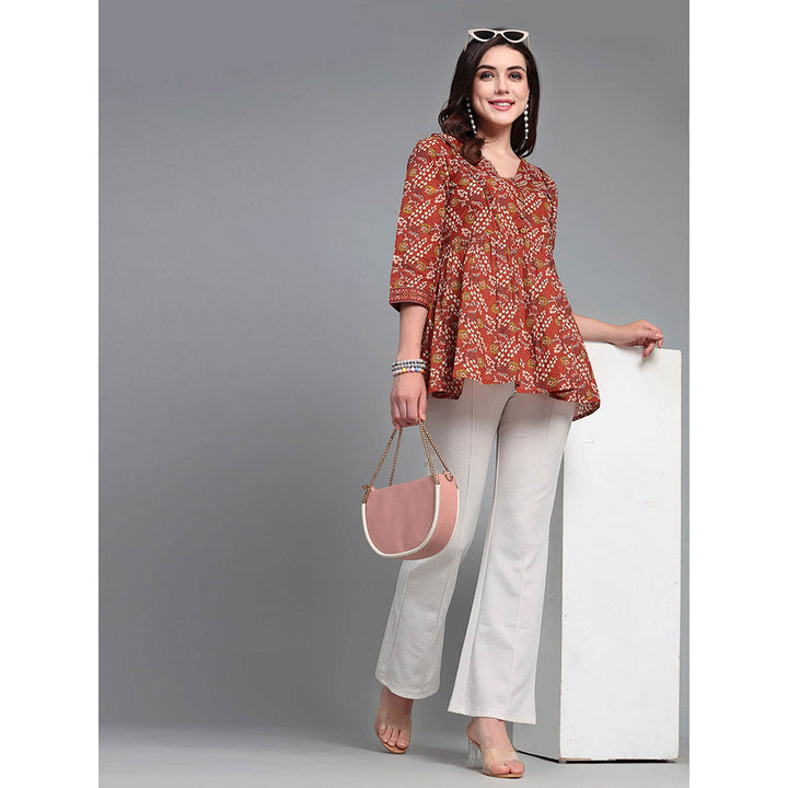 QOMN Burnt Rust Floral Printed Top with Gathers