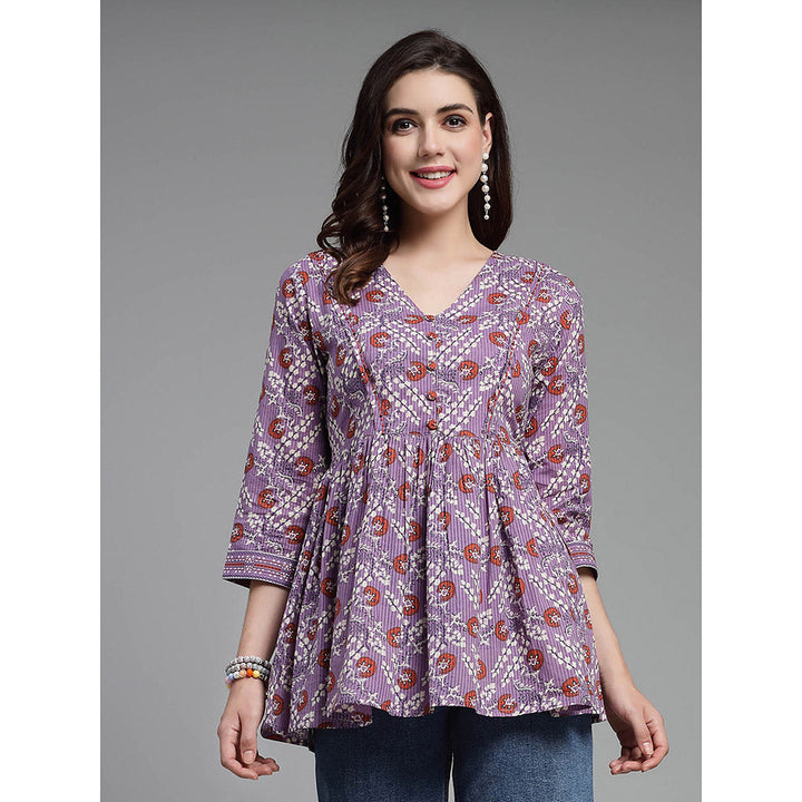 QOMN Soft Purple Floral Printed Top with Gathers