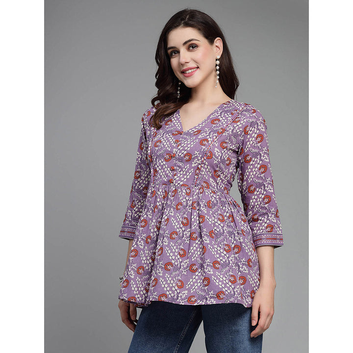 QOMN Soft Purple Floral Printed Top with Gathers