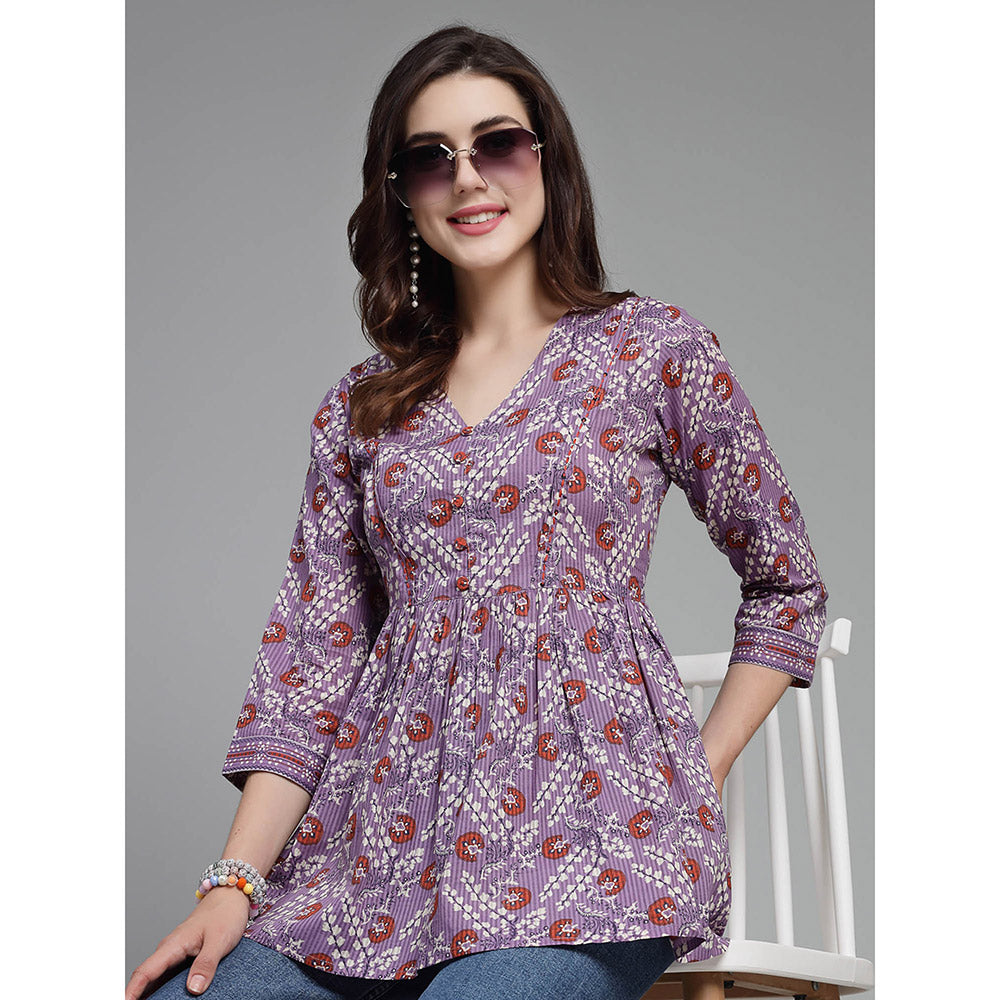 QOMN Soft Purple Floral Printed Top with Gathers