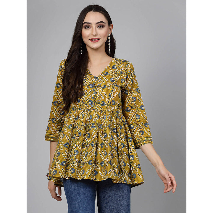 QOMN Ochre Yellow Floral Printed Top with Gathers