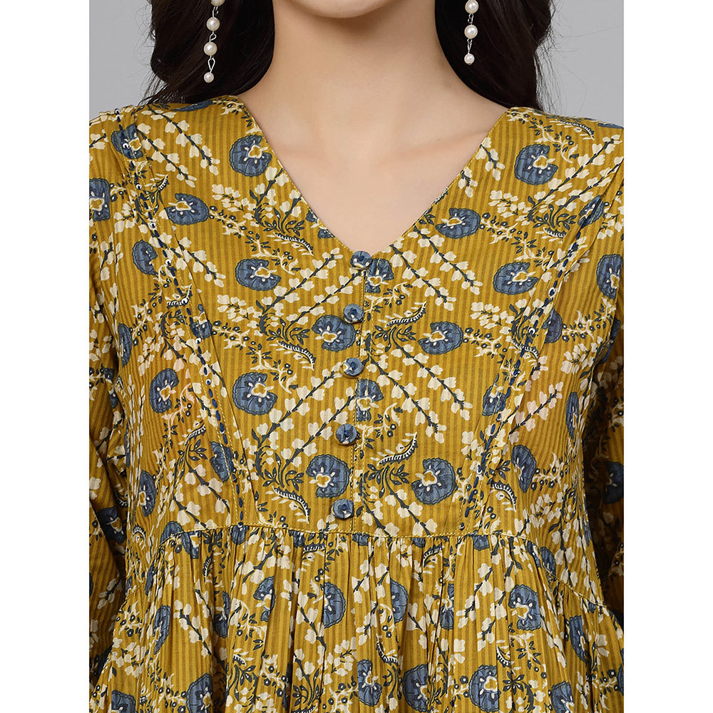 QOMN Ochre Yellow Floral Printed Top with Gathers