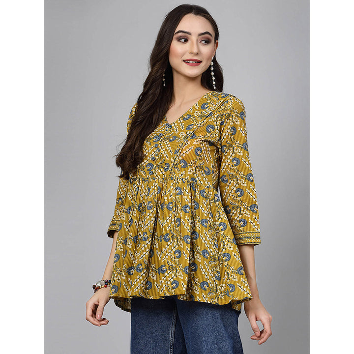 QOMN Ochre Yellow Floral Printed Top with Gathers