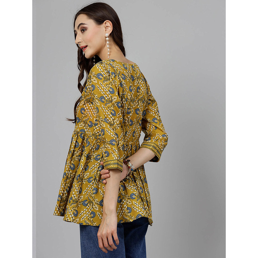 QOMN Ochre Yellow Floral Printed Top with Gathers