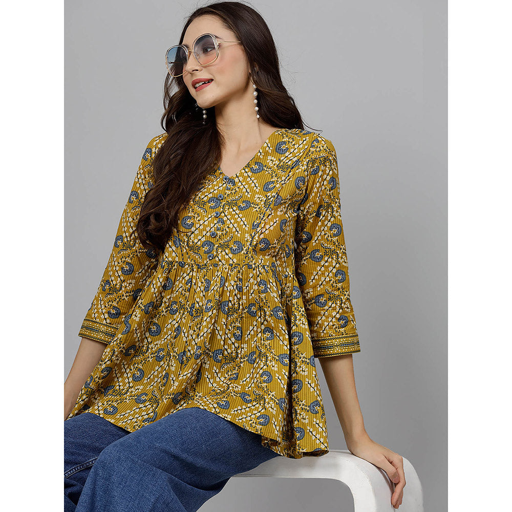 QOMN Ochre Yellow Floral Printed Top with Gathers