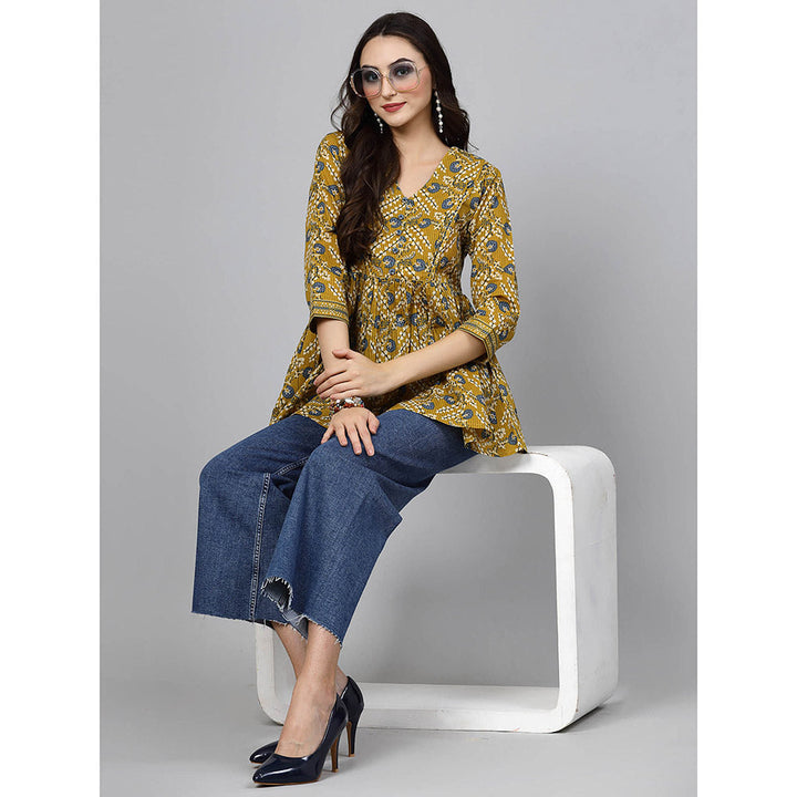 QOMN Ochre Yellow Floral Printed Top with Gathers