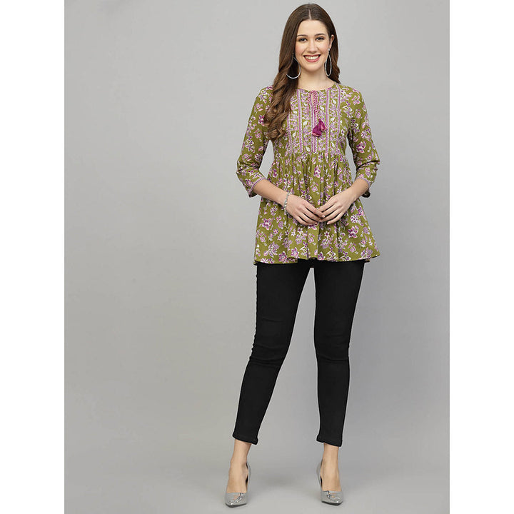 QOMN Olive Green Floral Printed Top with Tie Up Neck