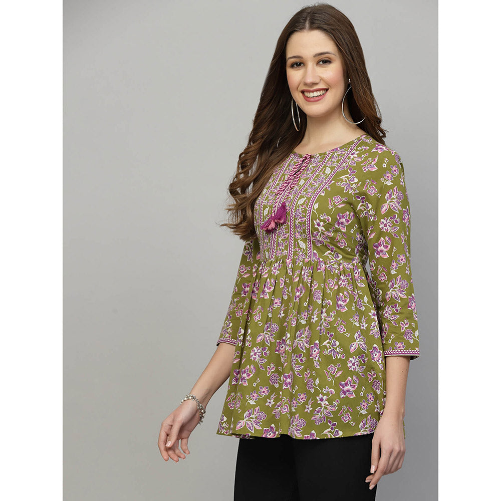 QOMN Olive Green Floral Printed Top with Tie Up Neck