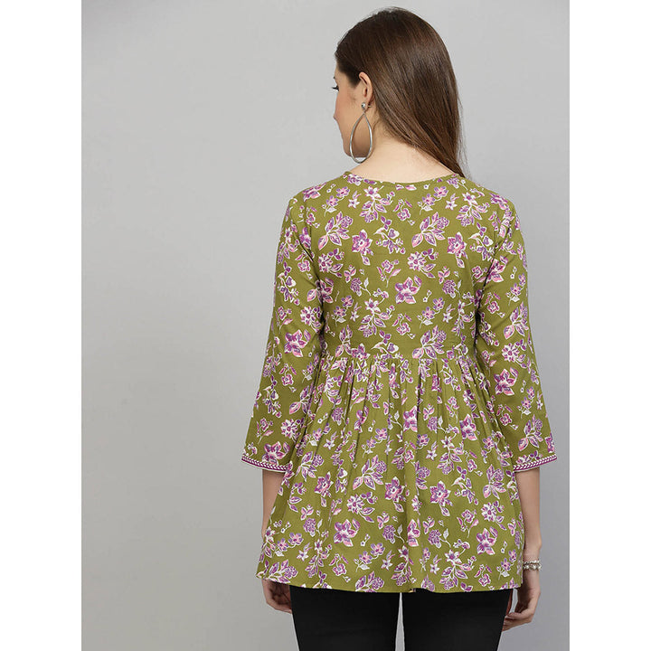 QOMN Olive Green Floral Printed Top with Tie Up Neck