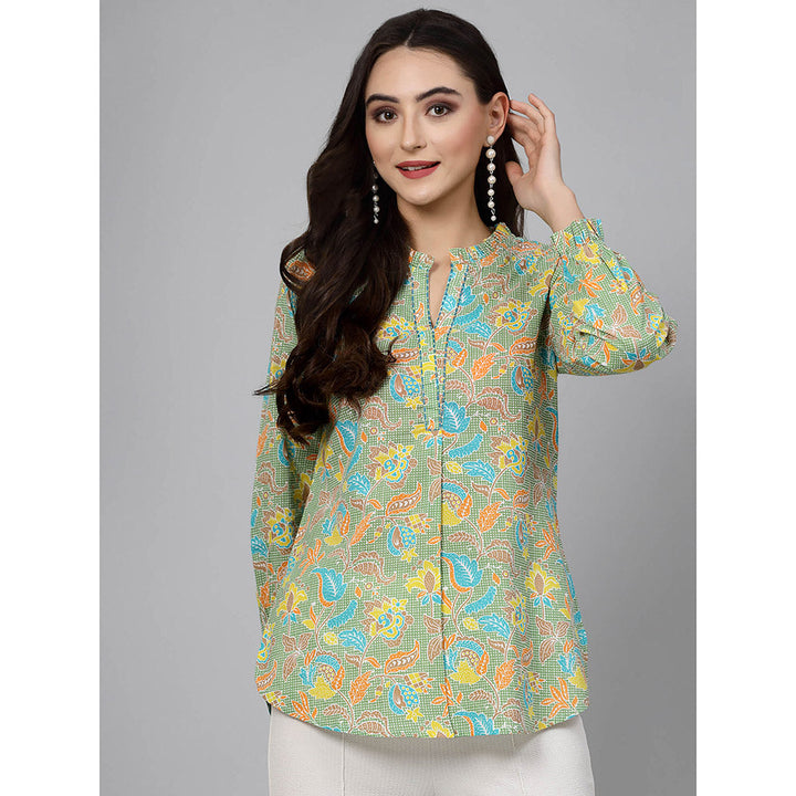 QOMN Pista Green Floral Printed Shirt Style Top