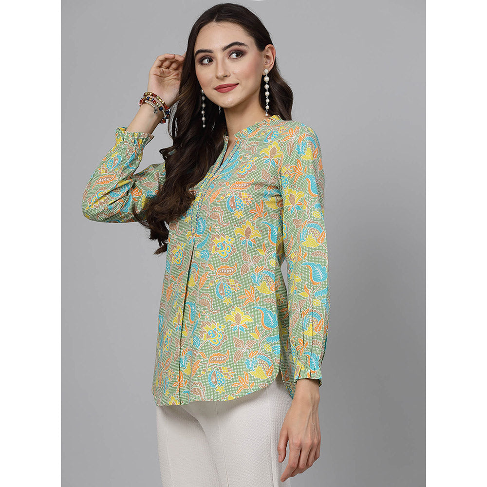 QOMN Pista Green Floral Printed Shirt Style Top