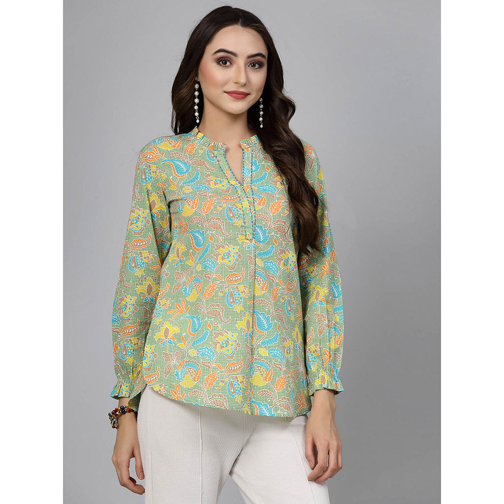 QOMN Pista Green Floral Printed Shirt Style Top