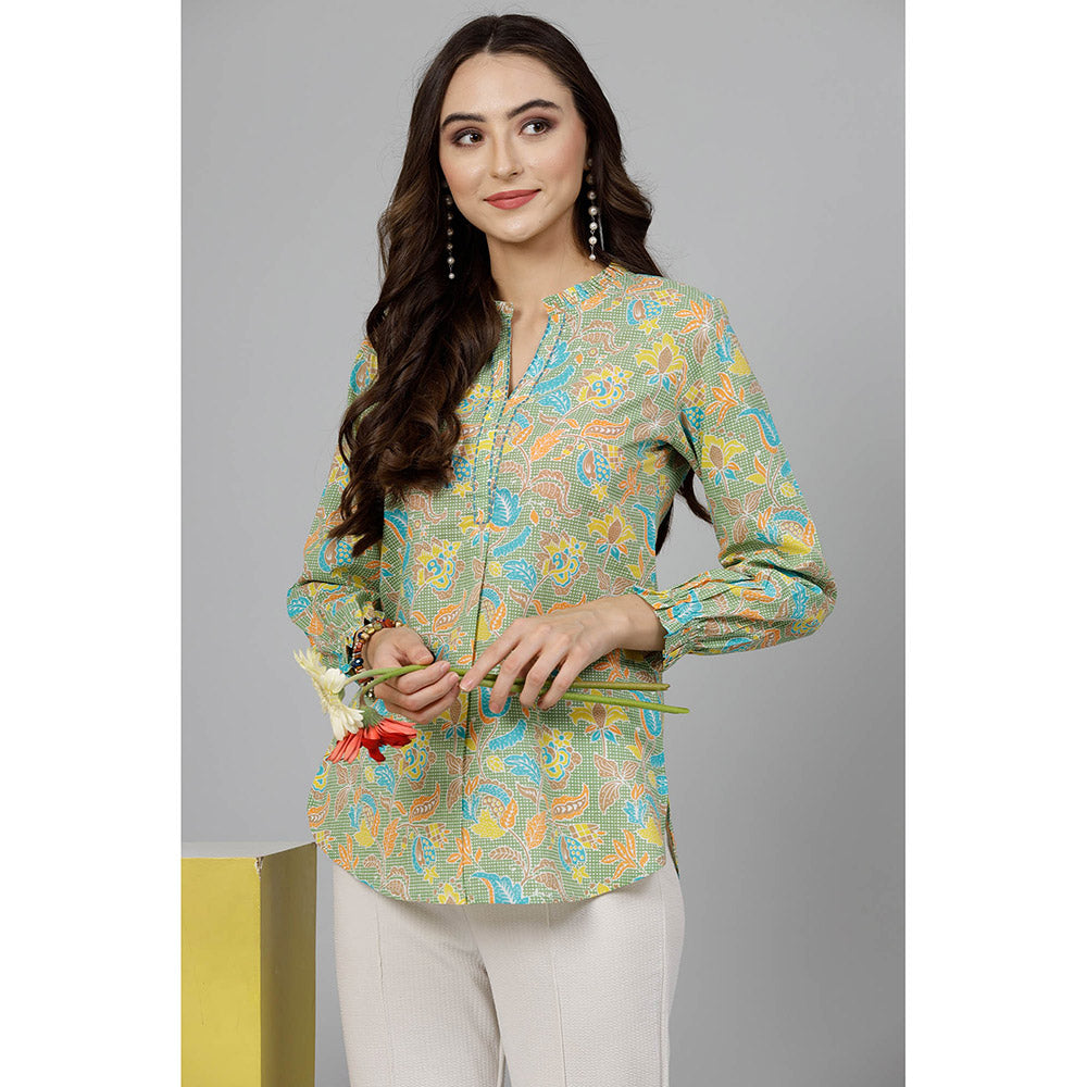 QOMN Pista Green Floral Printed Shirt Style Top