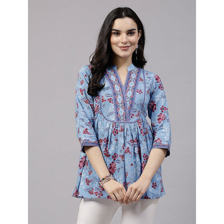 QOMN Blue Floral Printed Top with Embellished Yoke