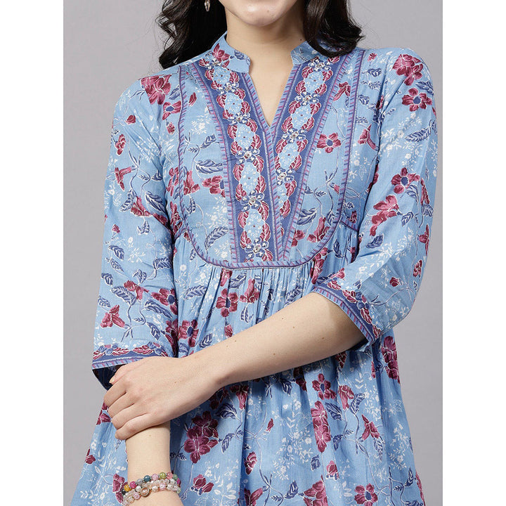 QOMN Blue Floral Printed Top with Embellished Yoke