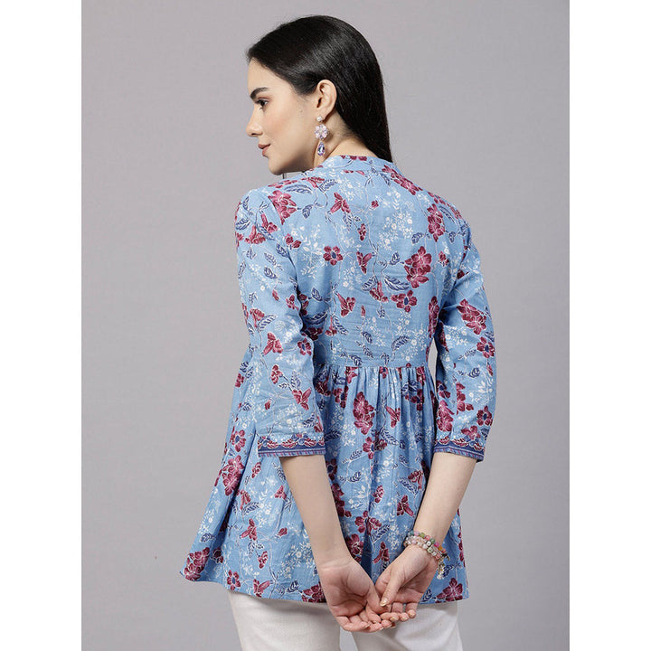 QOMN Blue Floral Printed Top with Embellished Yoke