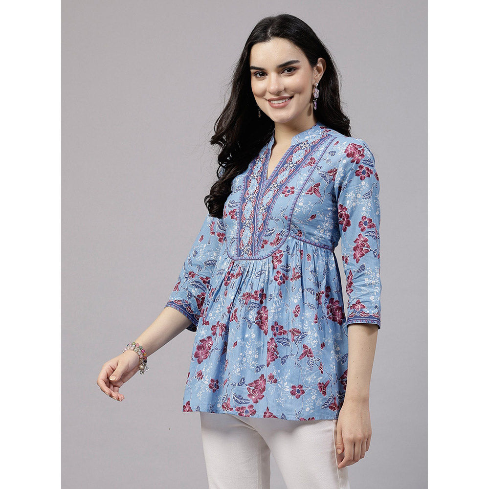 QOMN Blue Floral Printed Top with Embellished Yoke