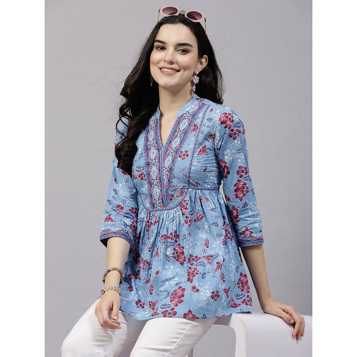 QOMN Blue Floral Printed Top with Embellished Yoke