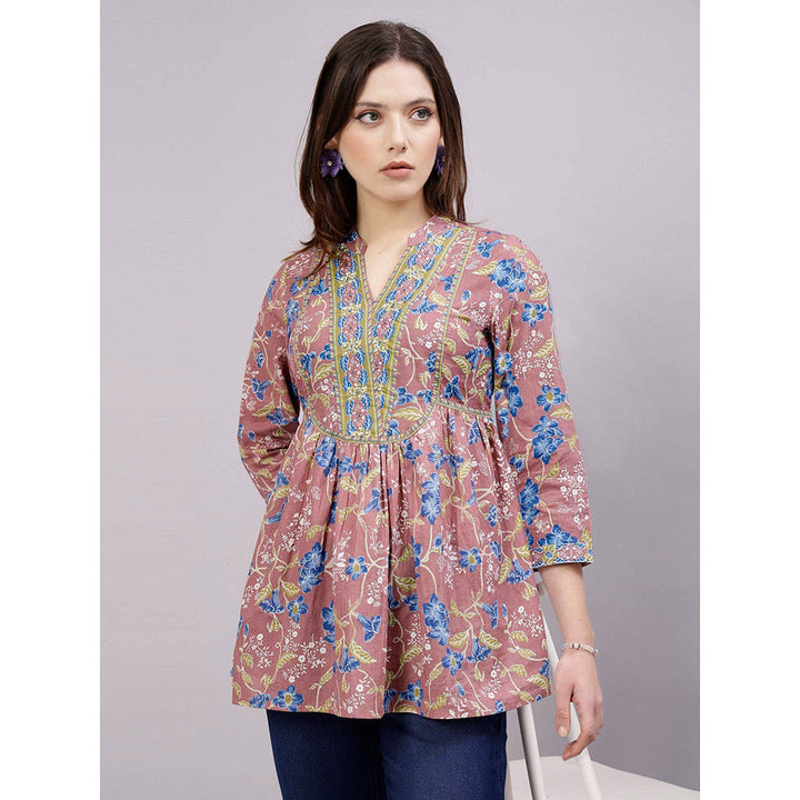 QOMN Rose Pink Floral Printed Top with Embellished Yoke