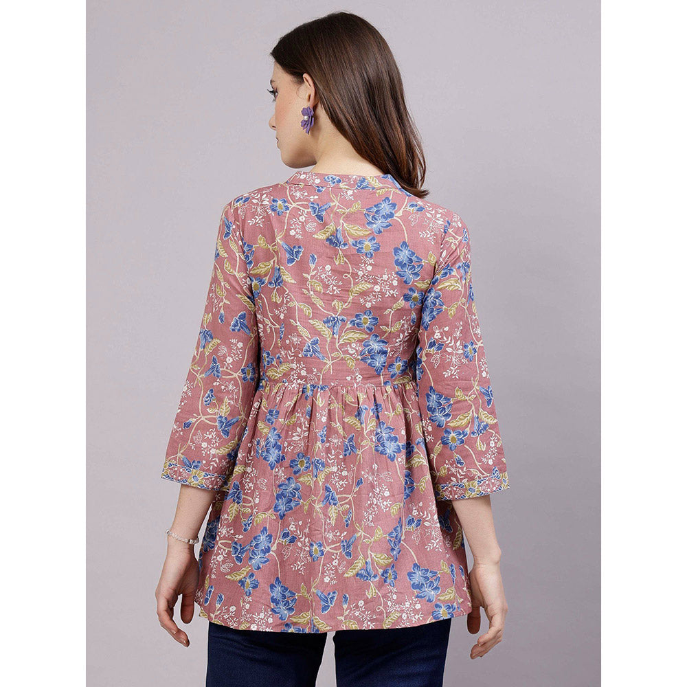 QOMN Rose Pink Floral Printed Top with Embellished Yoke