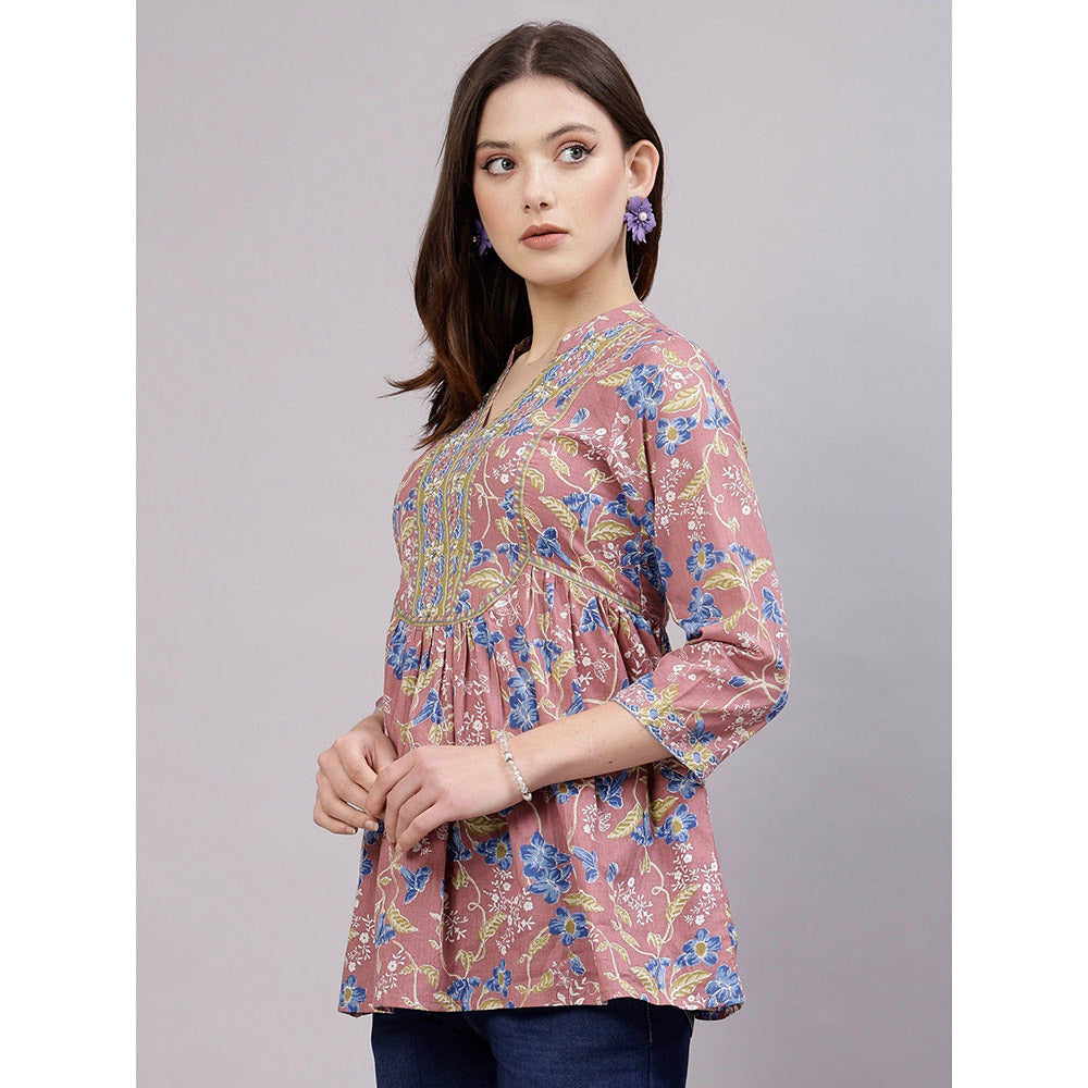 QOMN Rose Pink Floral Printed Top with Embellished Yoke