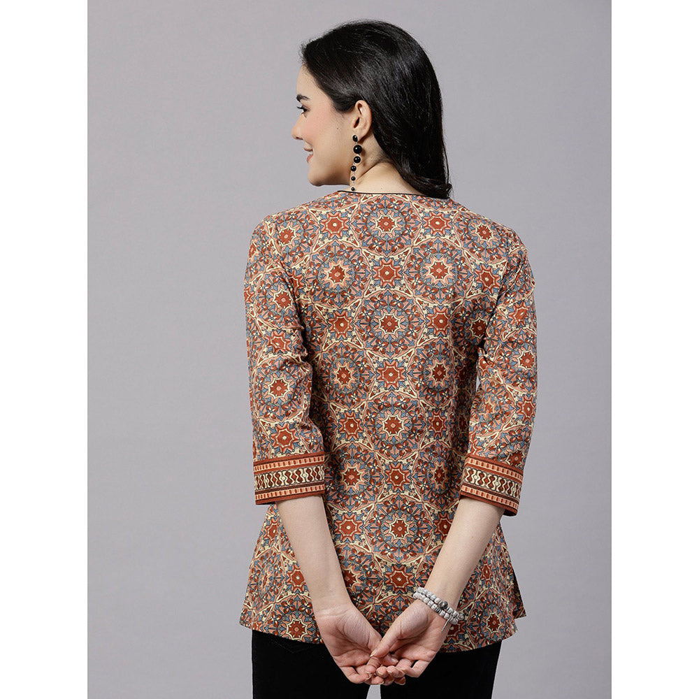 QOMN Rust Printed Top with Sequin Yoke