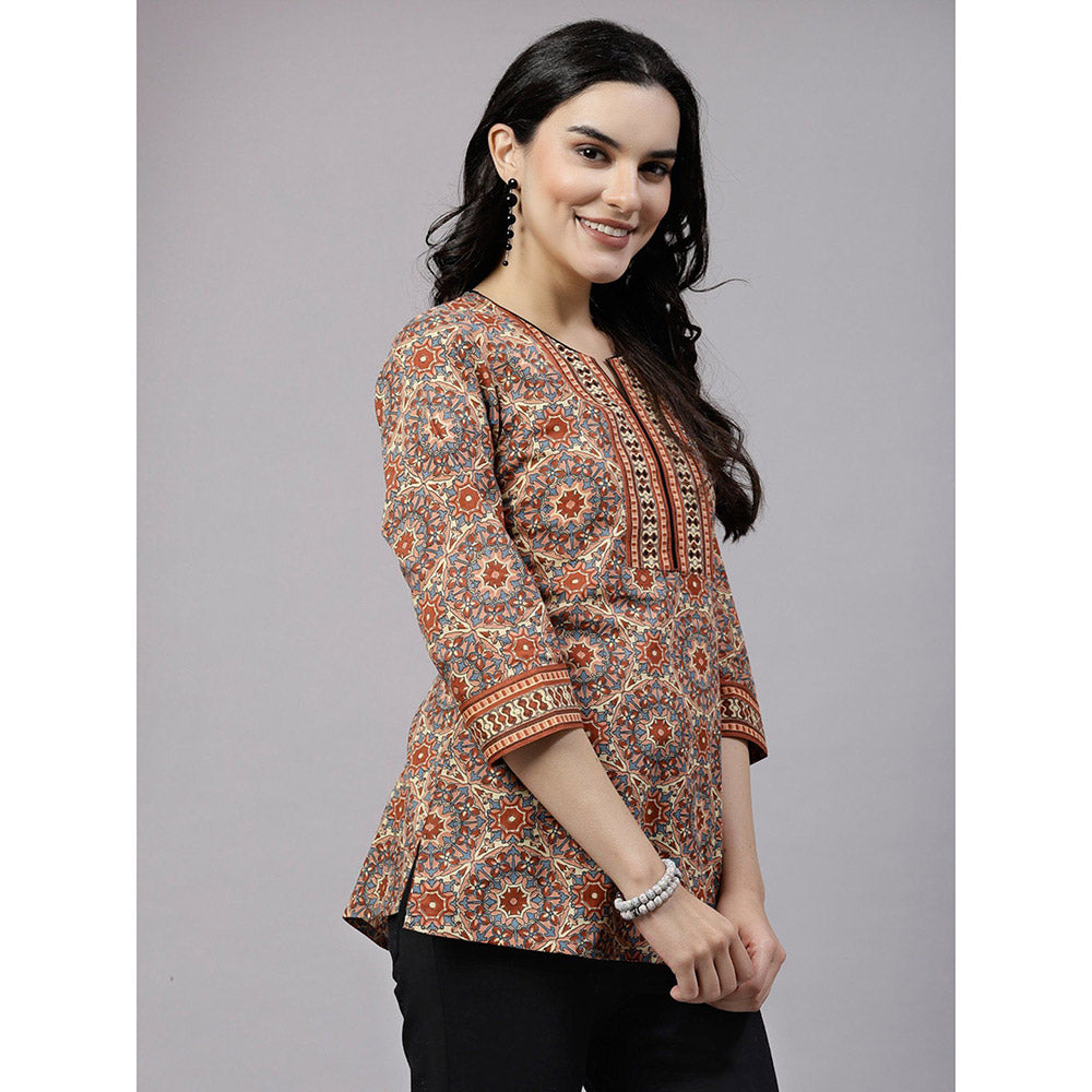 QOMN Rust Printed Top with Sequin Yoke