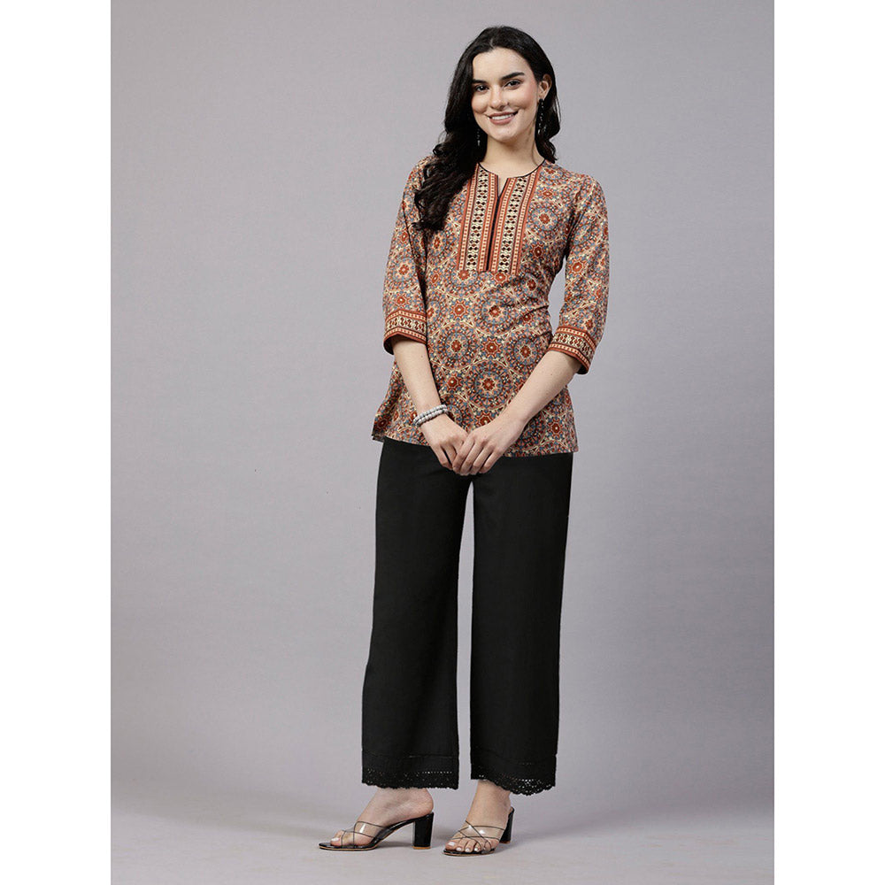 QOMN Rust Printed Top with Sequin Yoke