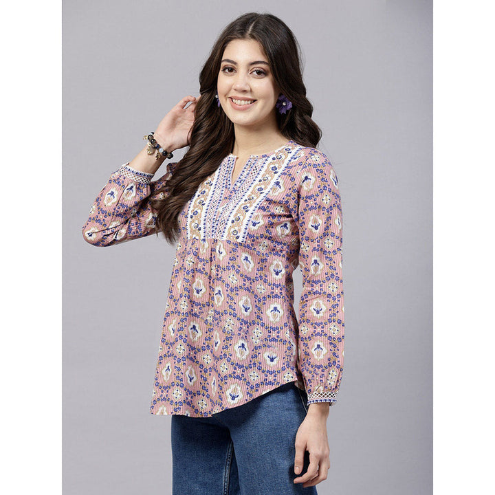 QOMN Pink Floral Printed Top with Lace Inserts