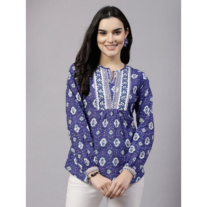 QOMN Purple Floral Printed Top with Lace Inserts