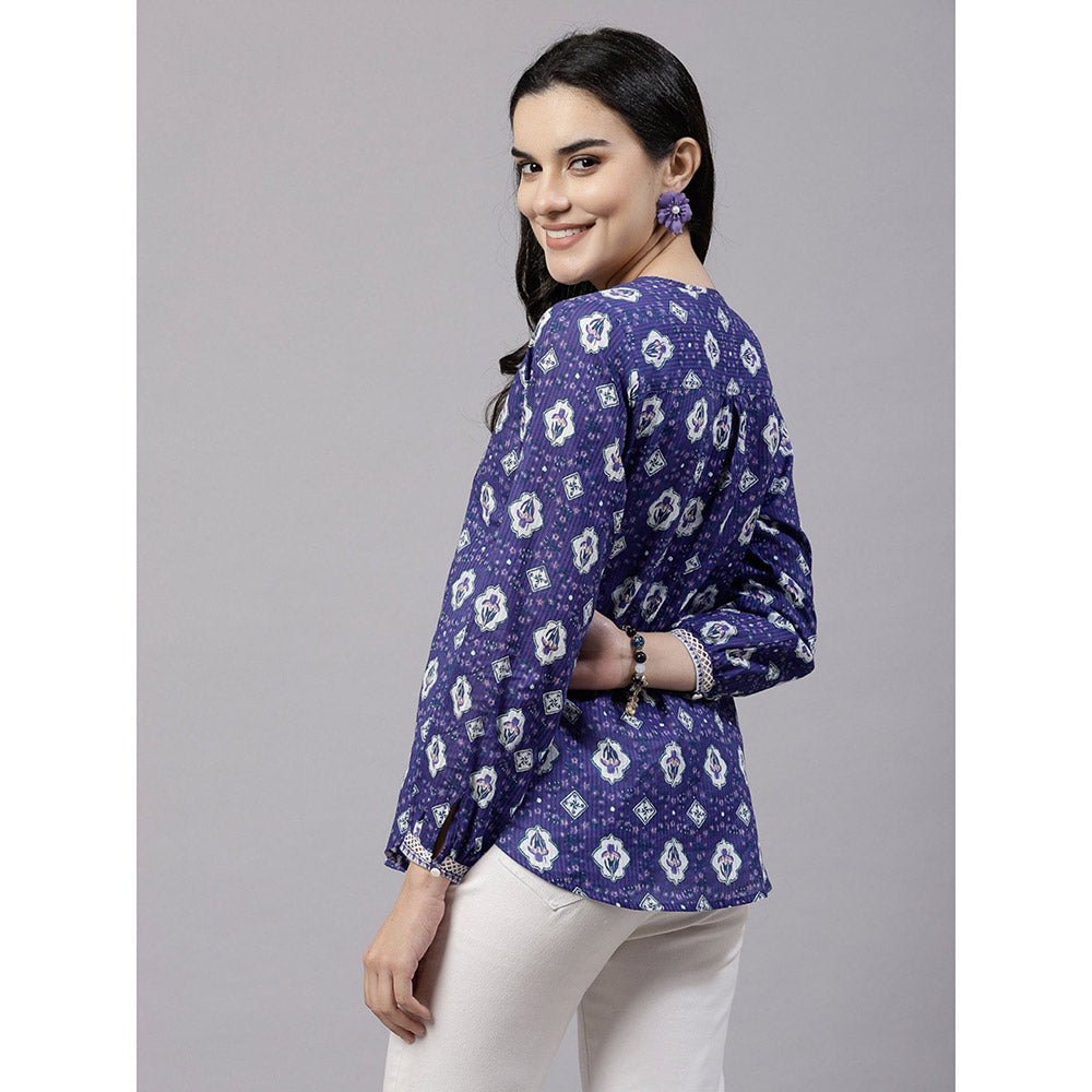 QOMN Purple Floral Printed Top with Lace Inserts