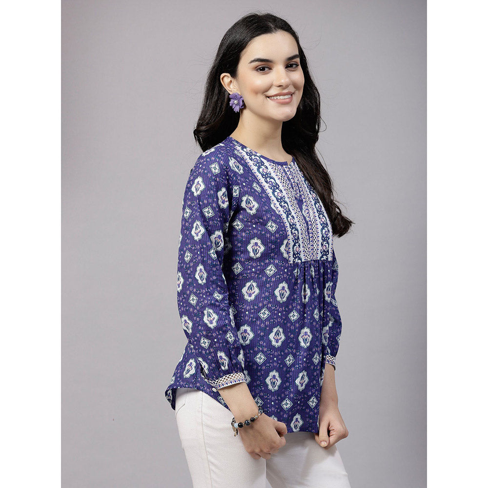 QOMN Purple Floral Printed Top with Lace Inserts