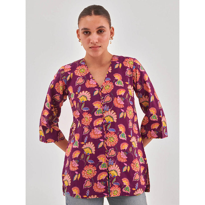 QOMN Floral Print Cotton Shirt Style Top