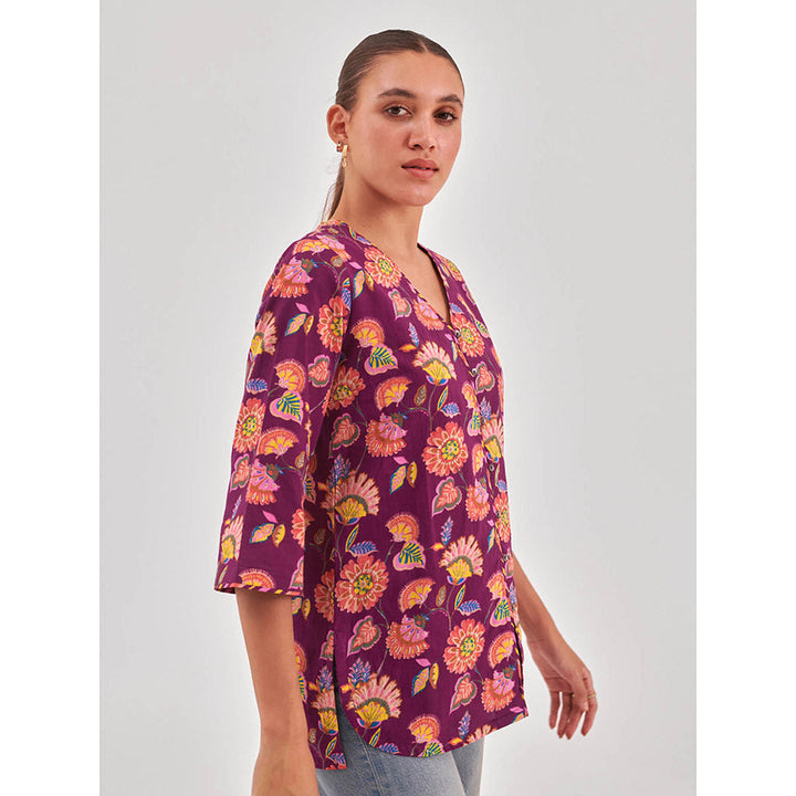 QOMN Floral Print Cotton Shirt Style Top